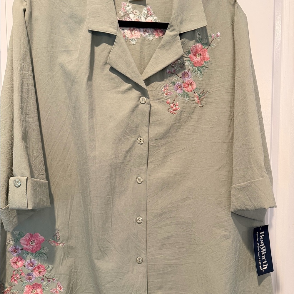 BonWorth Light Sage Embroidered Floral Shirt